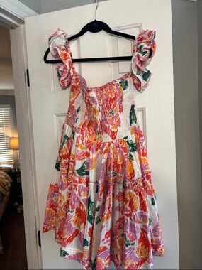 Nordstrom Floral Ruffle Shoulder Sundress in Pink, Orange, Green, White